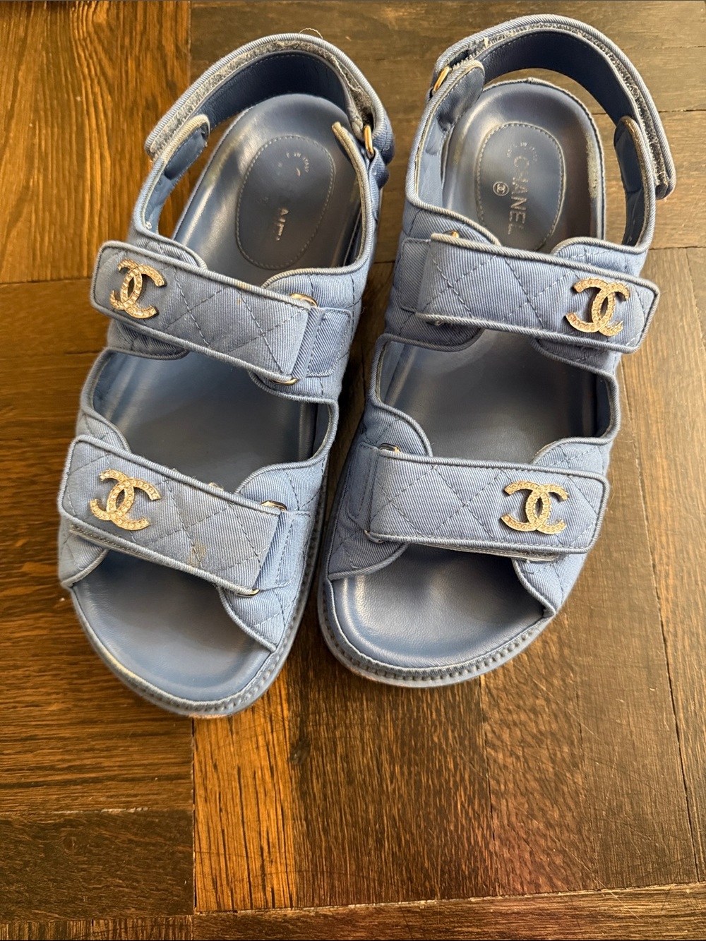 Authentic USED CHANEL Blue Quilted Fabric dad Sandals CC crystals logo size 37.5